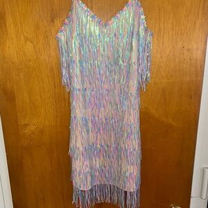 Rainbow Sequin Fringe Slip Shift Dress